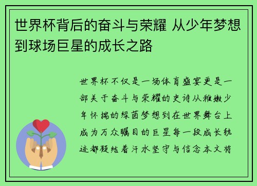 世界杯背后的奋斗与荣耀 从少年梦想到球场巨星的成长之路