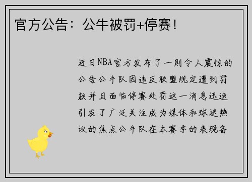 官方公告：公牛被罚+停赛！
