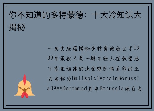 你不知道的多特蒙德：十大冷知识大揭秘